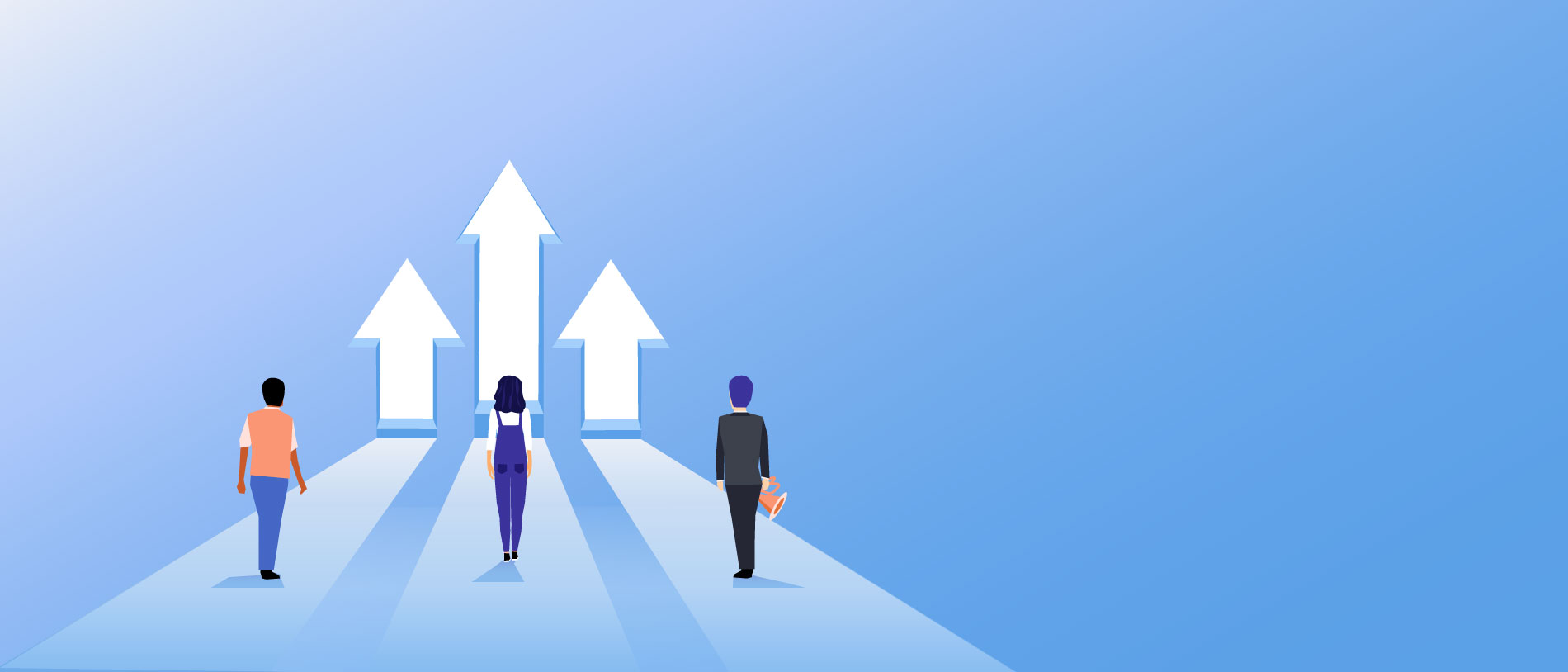 Personen laufen emporsteigenden Pfeilen entgegen Personen laufen emporsteigenden Pfeilen entgegen