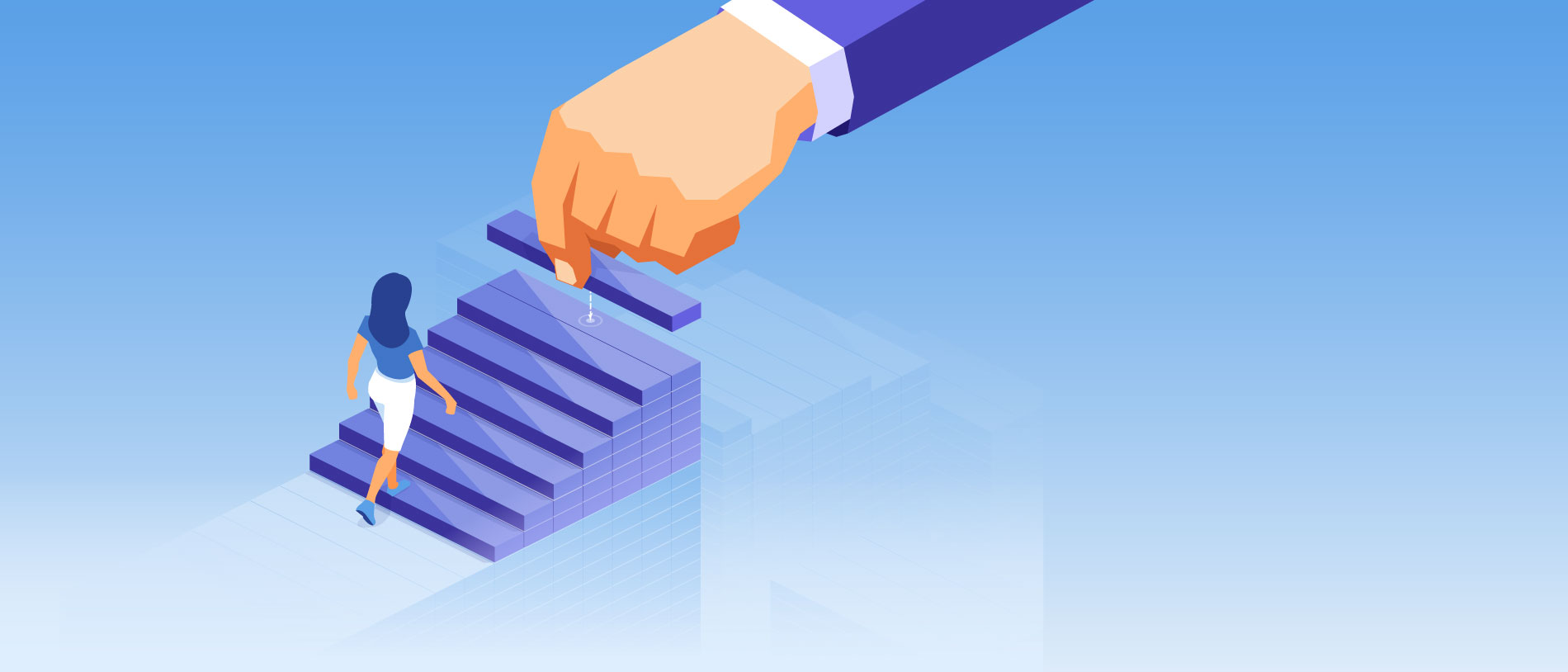 Symbolbild: Frau auf einer Treppe, die gerade gebaut wird. Symbolbild: Frau auf einer Treppe, die gerade gebaut wird.